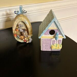 vintage 90s set egg diarama with bird 5” and ceramic bird house 5.5”